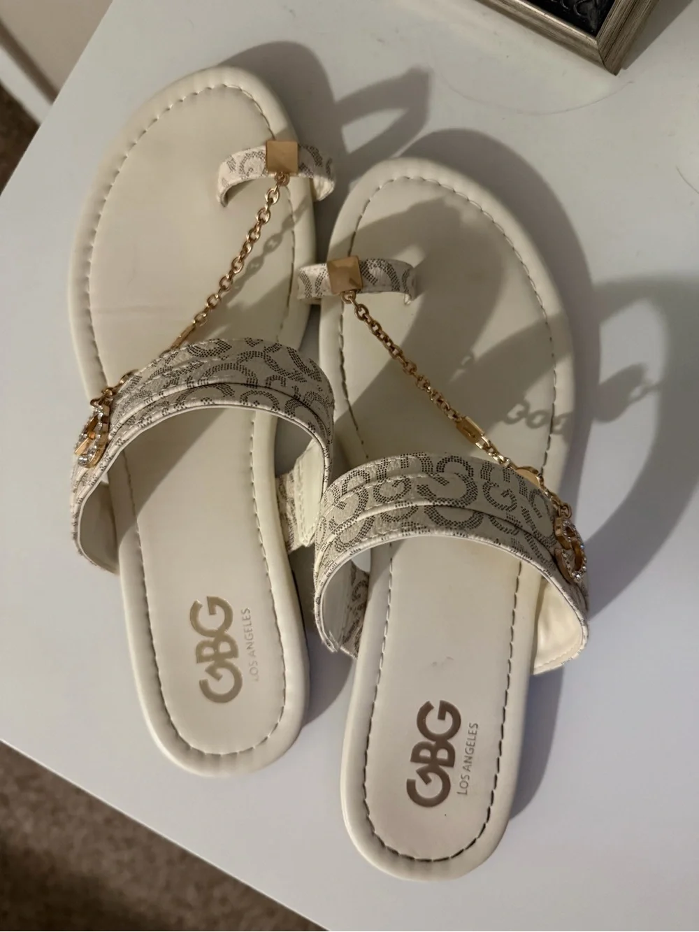 GBG Los Angeles Cream Chain-Accent Toe-Post Sandals